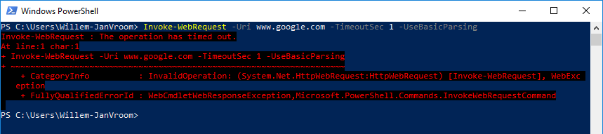 Invoke-WebRequest -Uri www.google.com -TimeoutSec 1 -UseBasicParsing With no working internet connection.