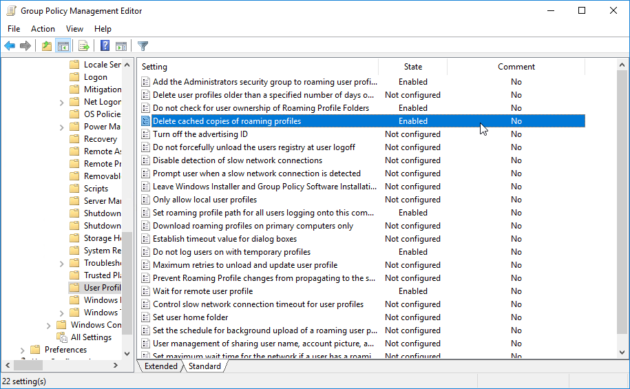 Delete cached copies of roaming profiles enabled