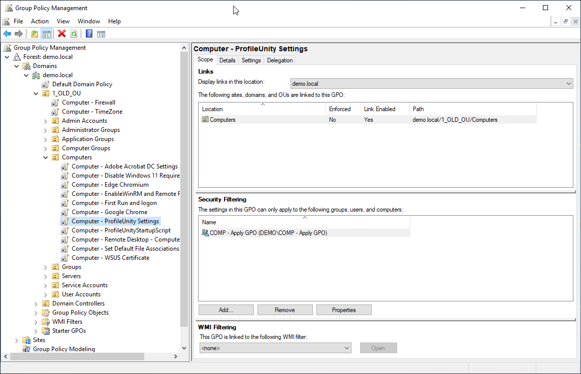 Create the group policy object Computer - ProfileUnity Settings.