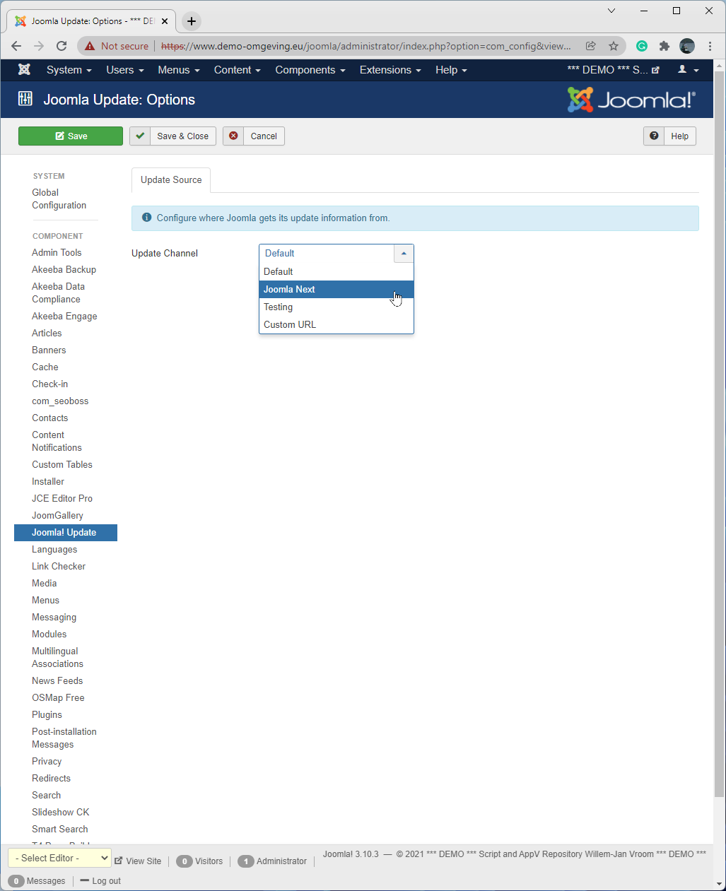 Change the update channel to Joomla Next