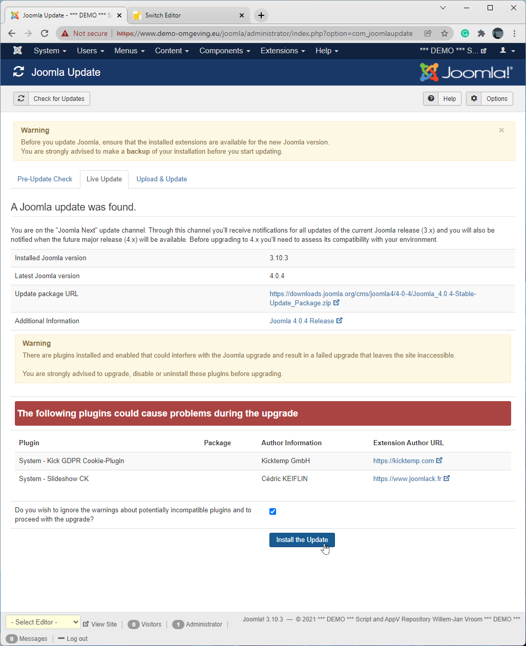 Install the update to Joomla 4.0.4.