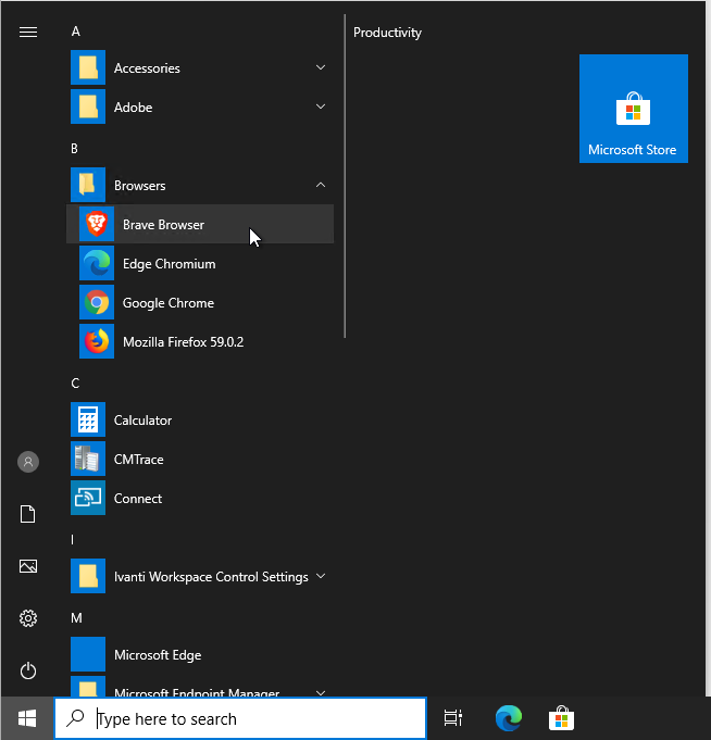 Starting Brave with Microsoft Windows Shell as the default shell.